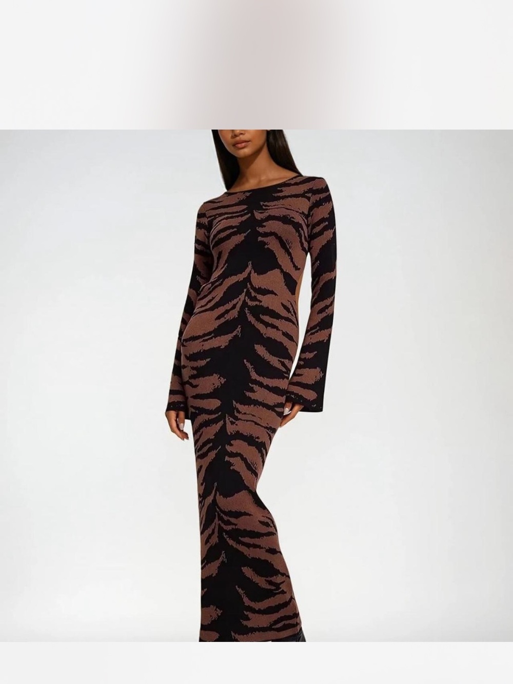 Tiger-Print Long Sleeve Maxi Dress in Brown and Black